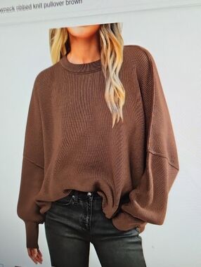 ANRABESS COCOA BROWN CREWNECK BATWING OVERSIZED RIBBED KNIT PULLOVER SZ L
